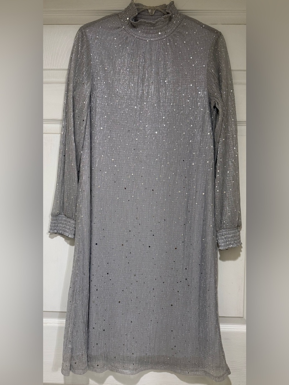 Nina Leonard Silver Sparkle Long Sleeve Shift Dress